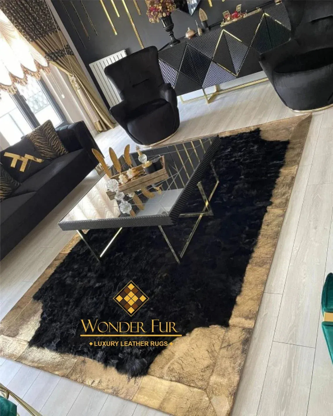 100% Natural Modern Black Gold Sheepskin Handmade 8x10 Living Room Rug