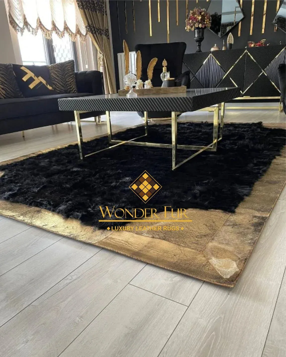 100% Natural Modern Black Gold Sheepskin Handmade 8x10 Living Room Rug