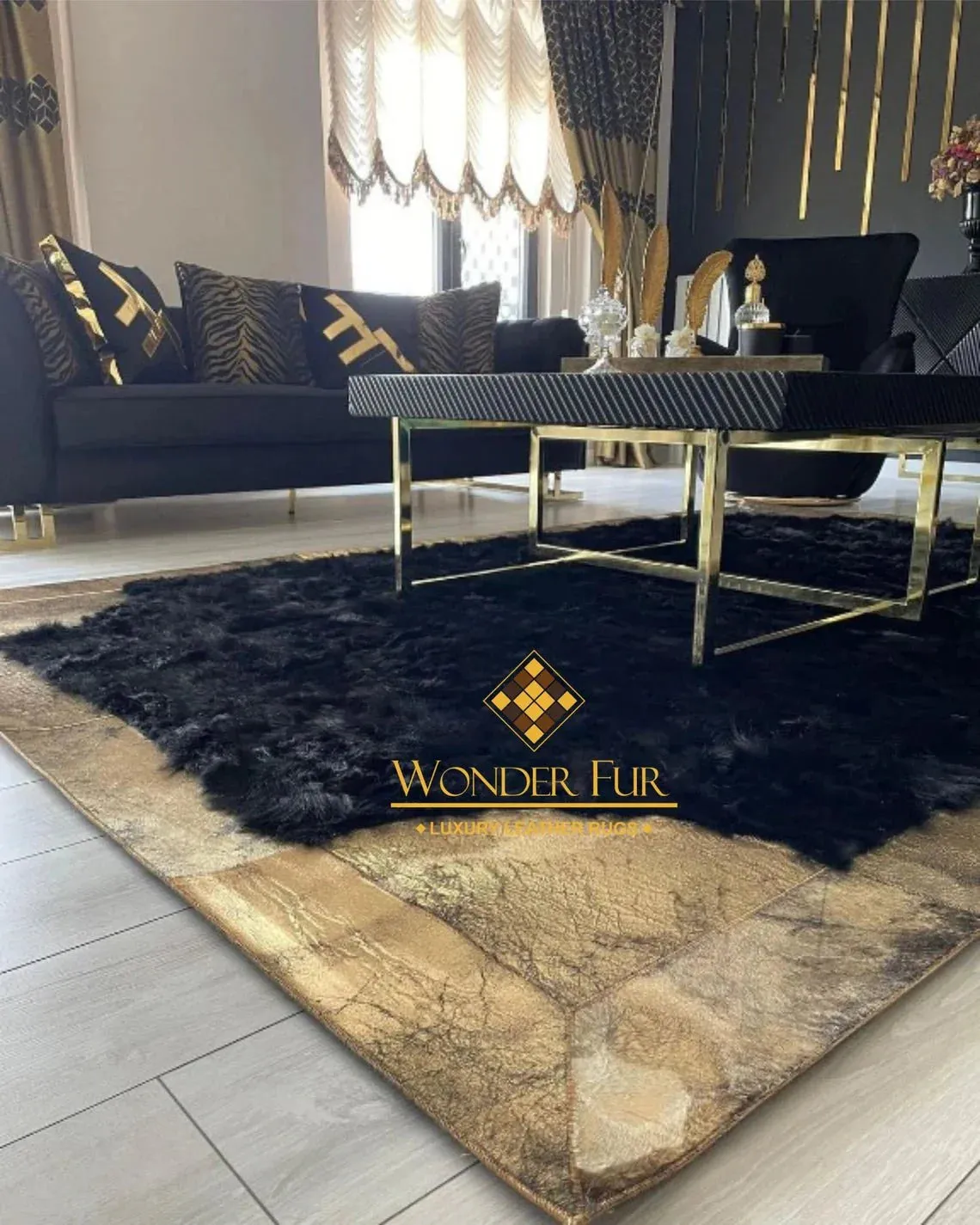 100% Natural Modern Black Gold Sheepskin Handmade 8x10 Living Room Rug