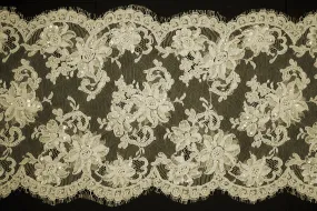 11" Sequined & Pearled Ivory Floral Alençon Galloon Lace (Made in France)