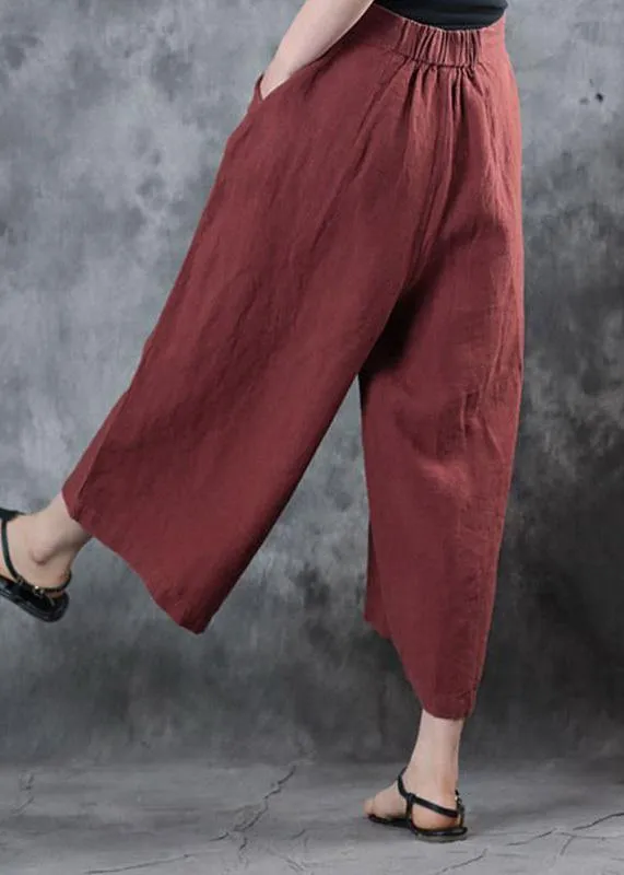 2019 red loose linen pants fall women pockets wide leg pants