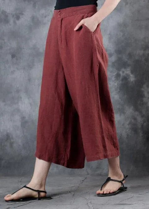 2019 red loose linen pants fall women pockets wide leg pants