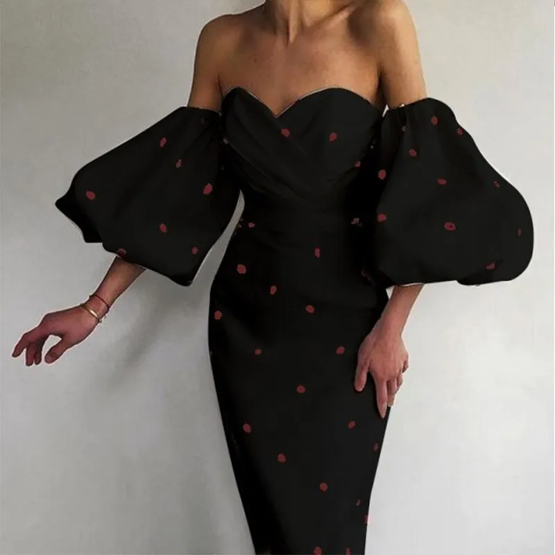 2021 Sexy Frauen Kleid  Schulter Bodycon Laterne Ärmel rückenfrei Punkt elegante Kleider weibliche Damen Vestidos