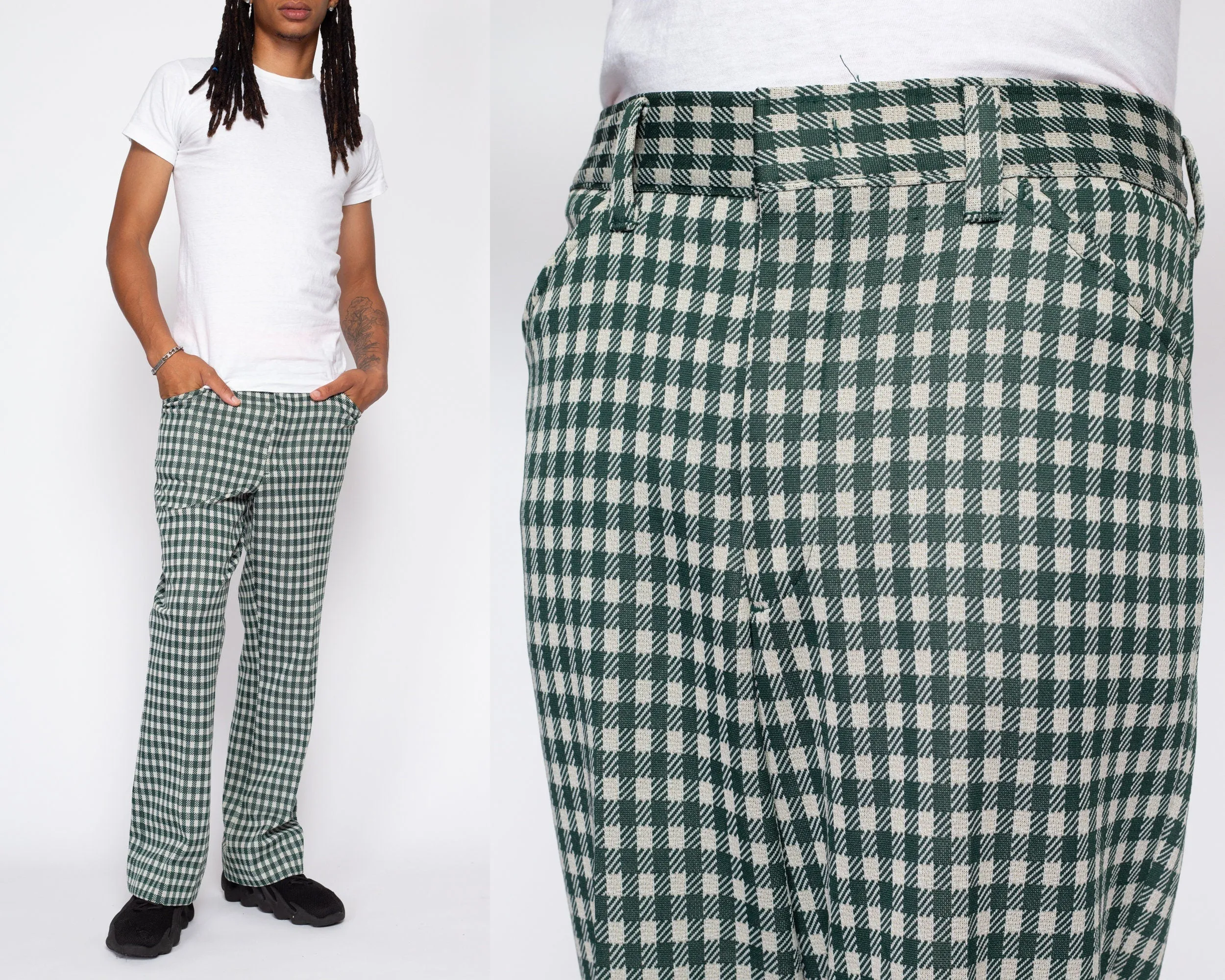 32" Waist 70s Green & White Gingham Trousers