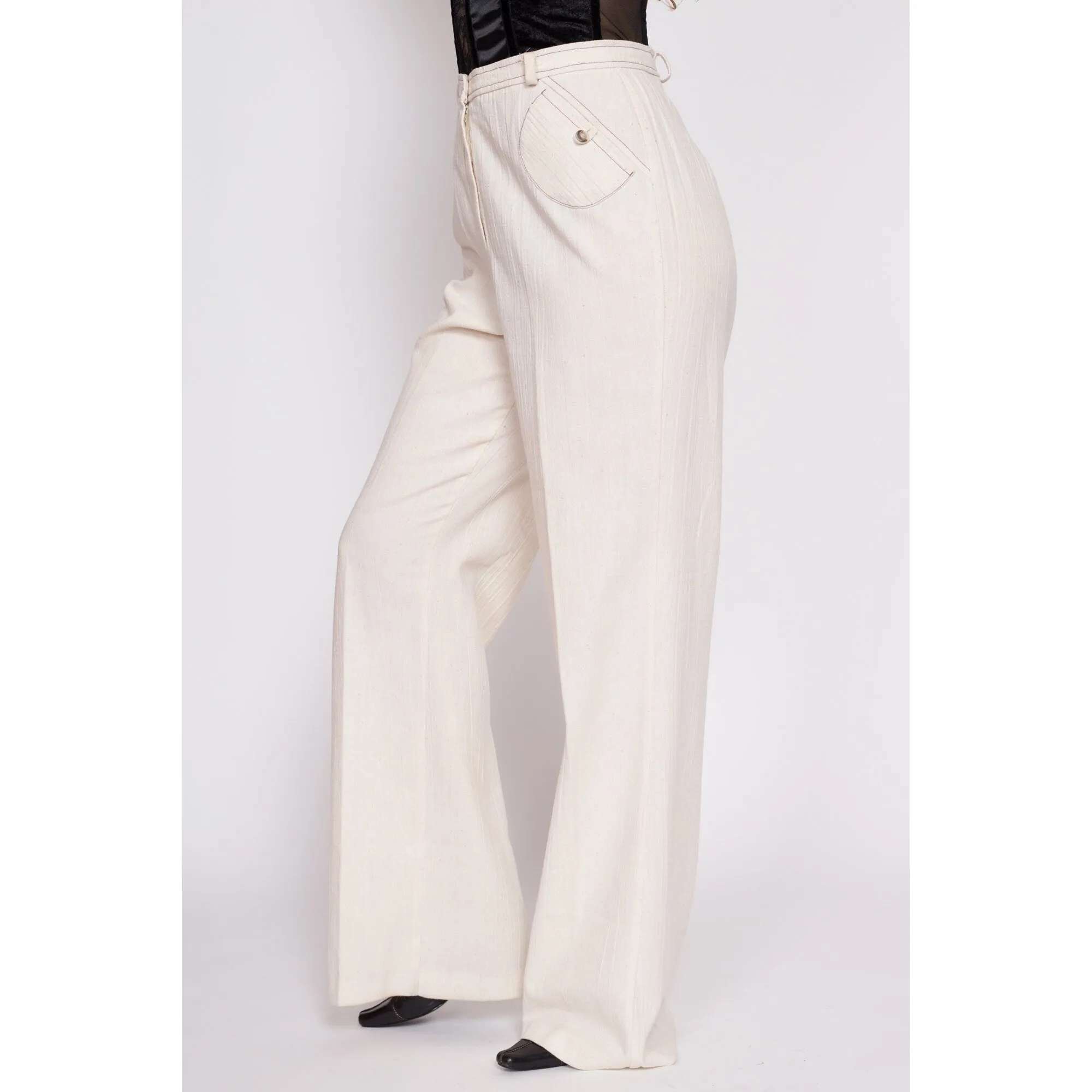 70s Cream High Waisted Contrast Stitch Pants - Medium Tall, 29" Waist