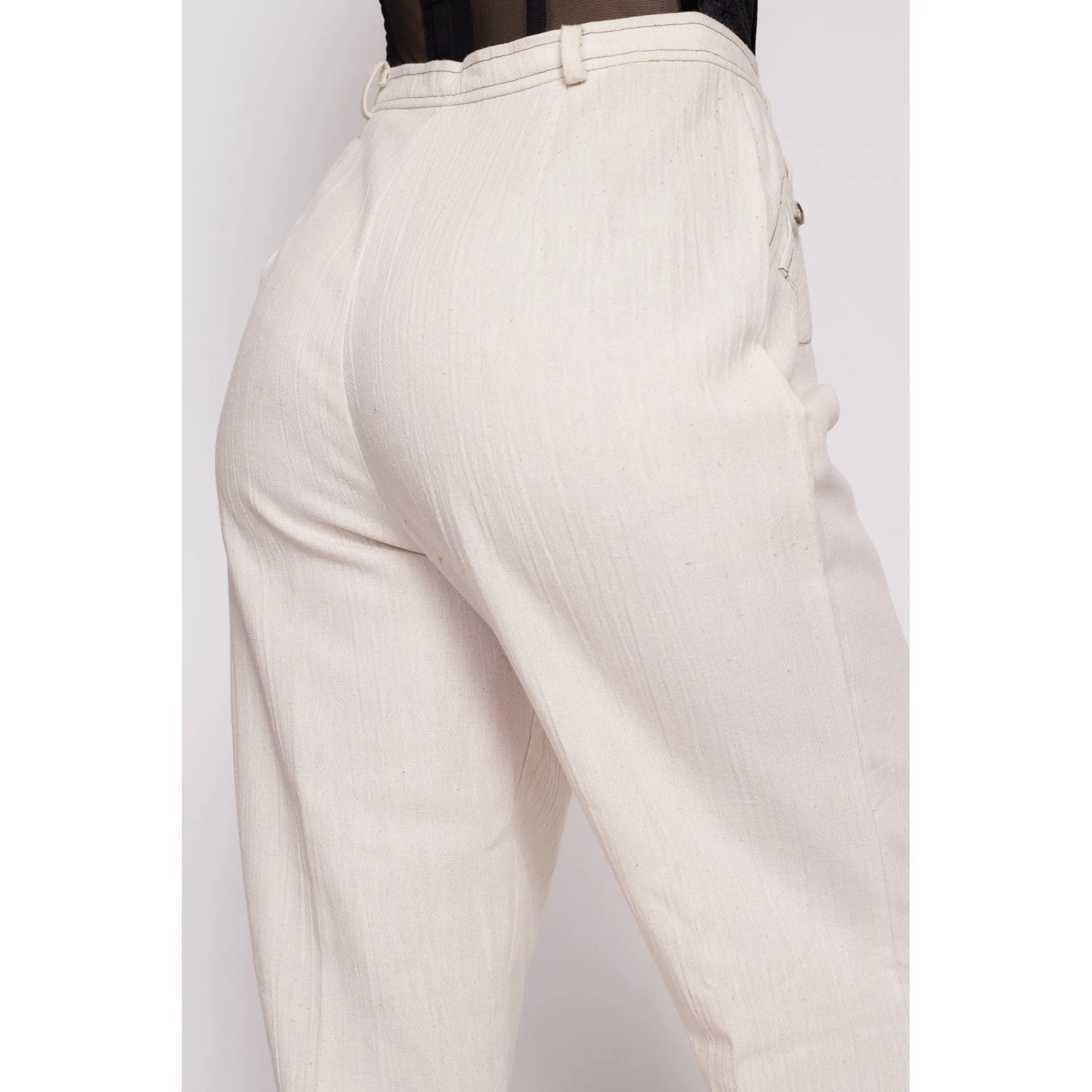 70s Cream High Waisted Contrast Stitch Pants - Medium Tall, 29" Waist