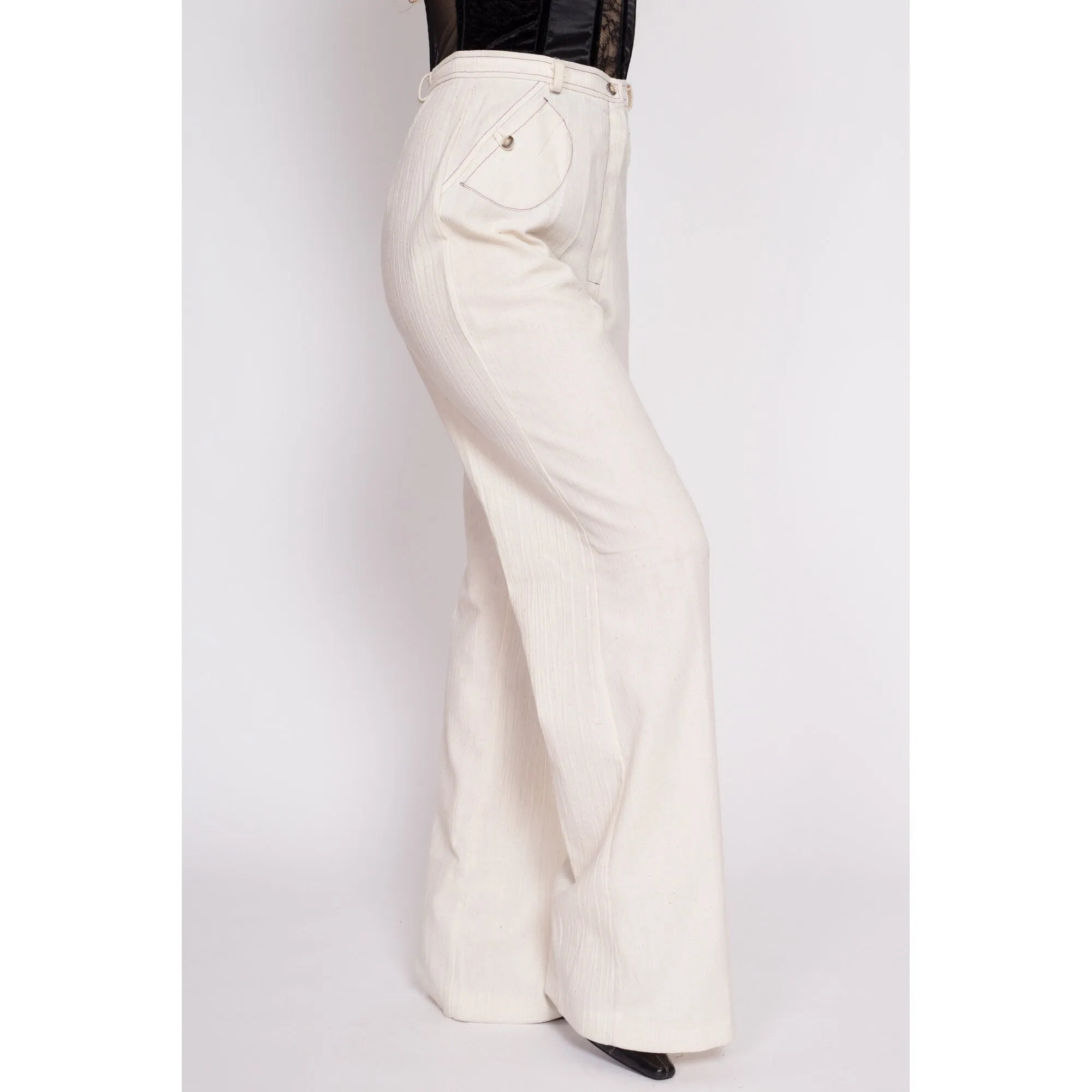 70s Cream High Waisted Contrast Stitch Pants - Medium Tall, 29" Waist