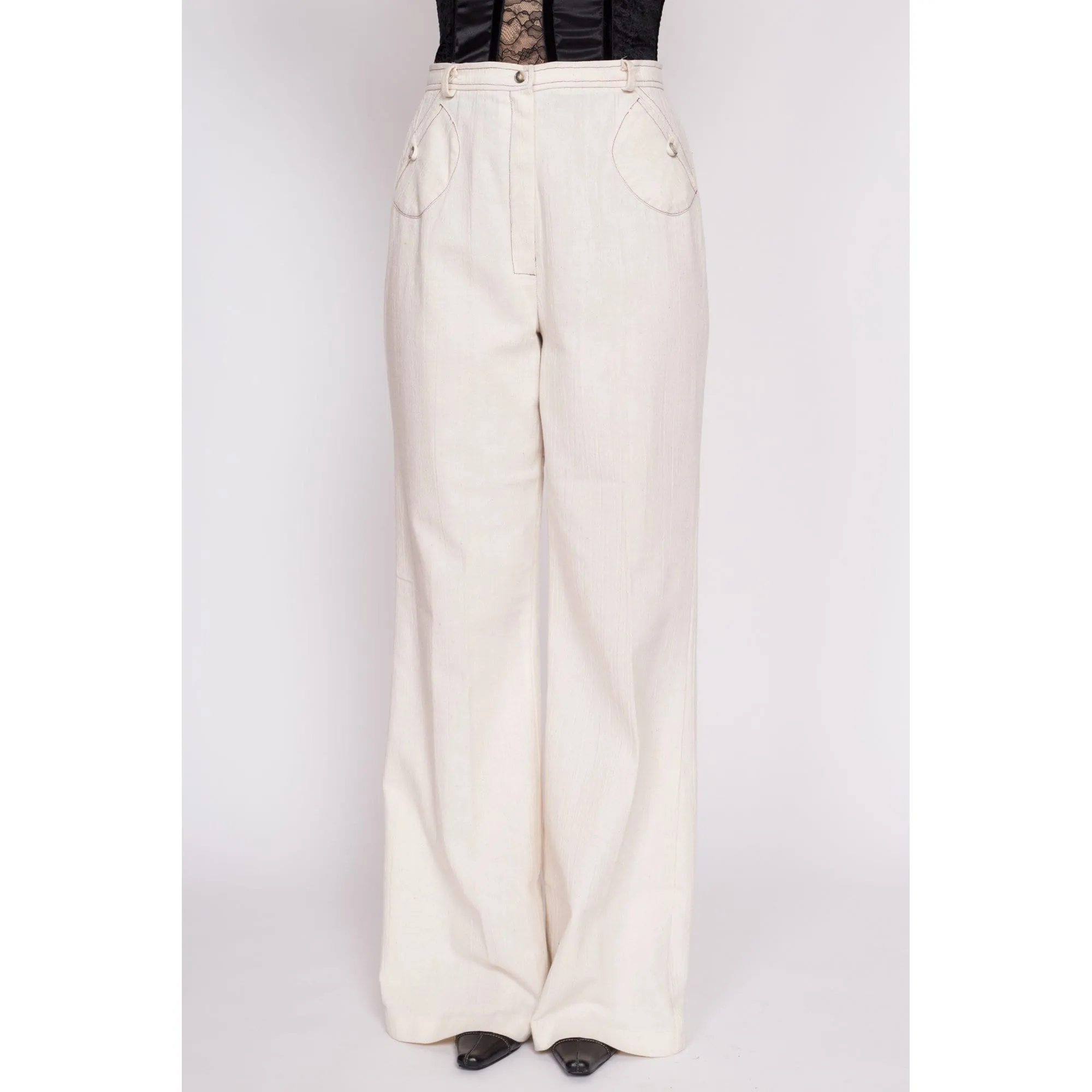 70s Cream High Waisted Contrast Stitch Pants - Medium Tall, 29" Waist