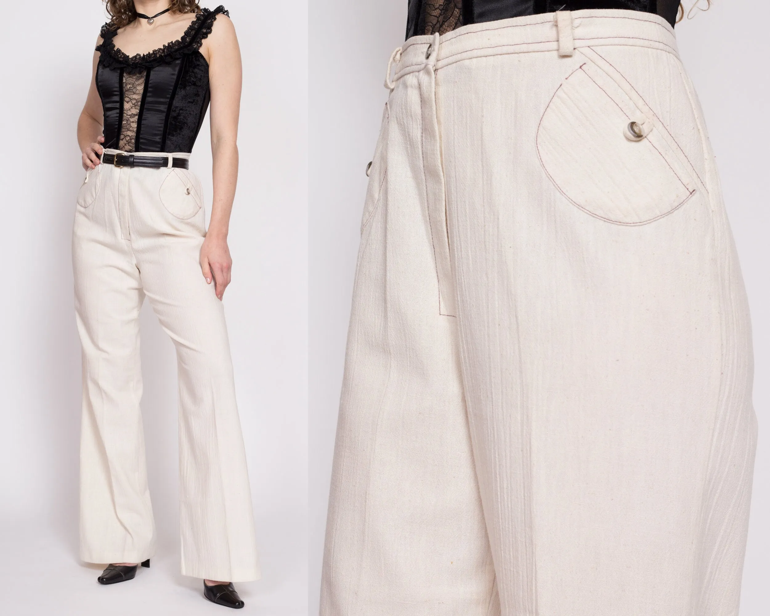 70s Cream High Waisted Contrast Stitch Pants - Medium Tall, 29" Waist