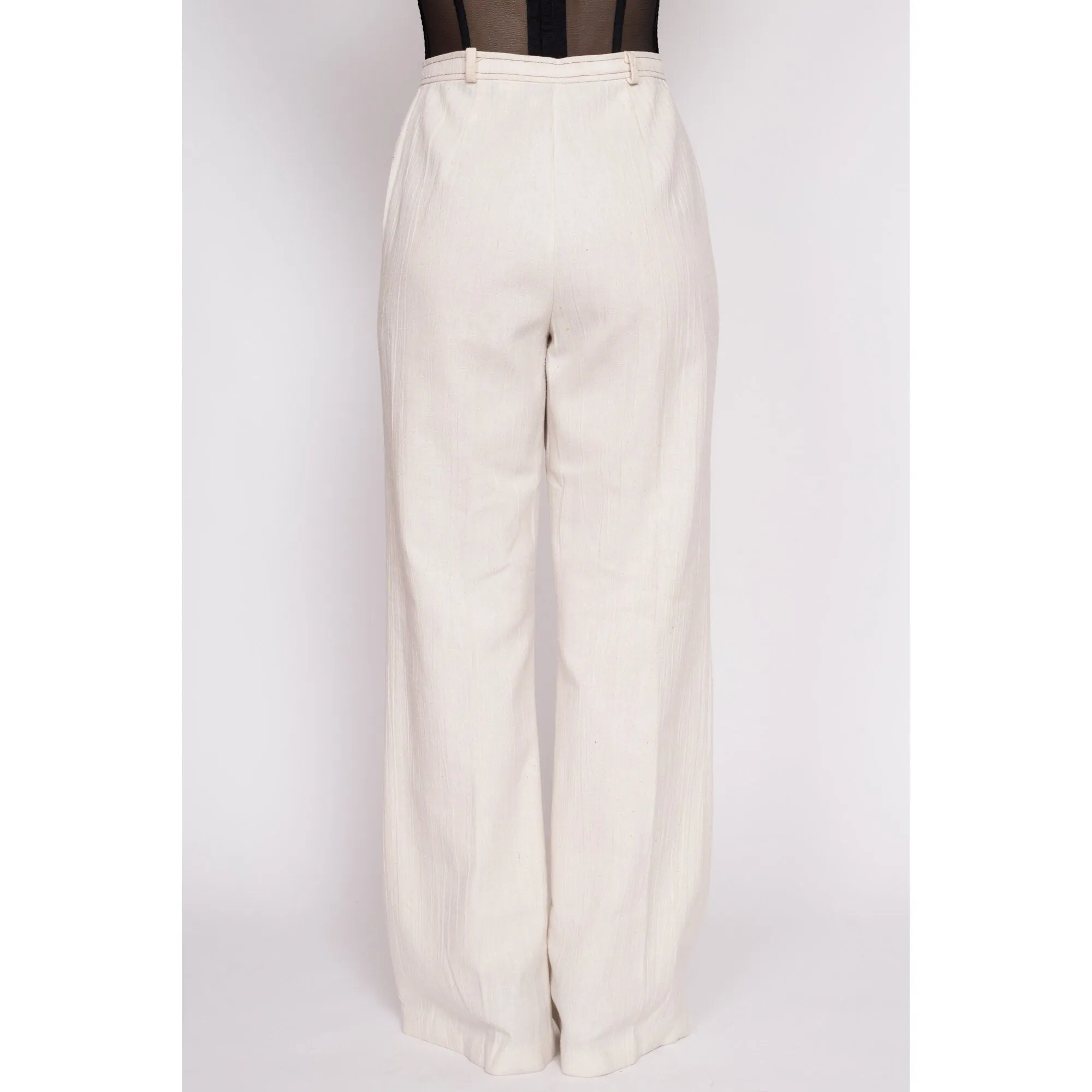 70s Cream High Waisted Contrast Stitch Pants - Medium Tall, 29" Waist