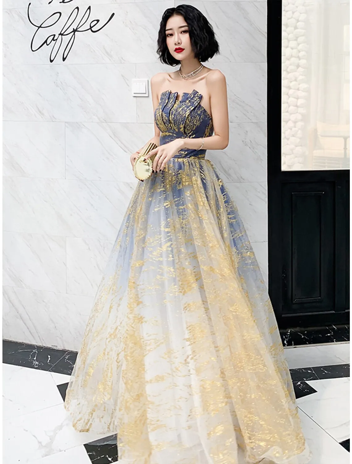 A-Line Color Block Sparkle Engagement Prom Dress Strapless Sleeveless Floor Length Sequined with Sequin