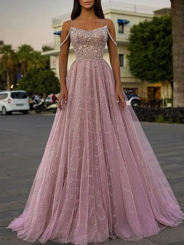 A-Line Sparkle & Shine Puffy Prom Birthday Dress Spaghetti Strap Sleeveless Sweep / Brush Train Sequined with Sequin 2022