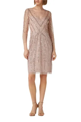 Adrianna Papell V-neck 3/4 sleeve sequined lace trim zipper back mesh dress