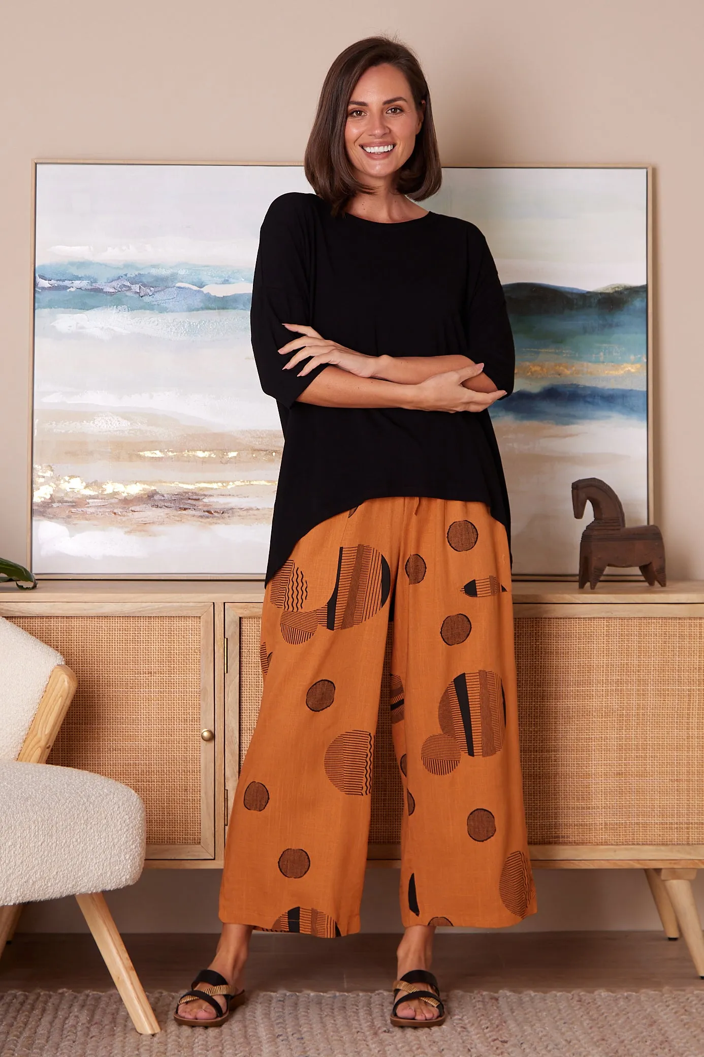 Aiko Linen Pants - Tan/Black Circle