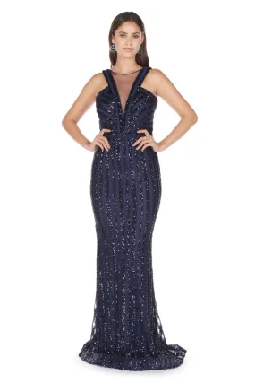 Angelino Navy blue striped sequined fish evening dress dress