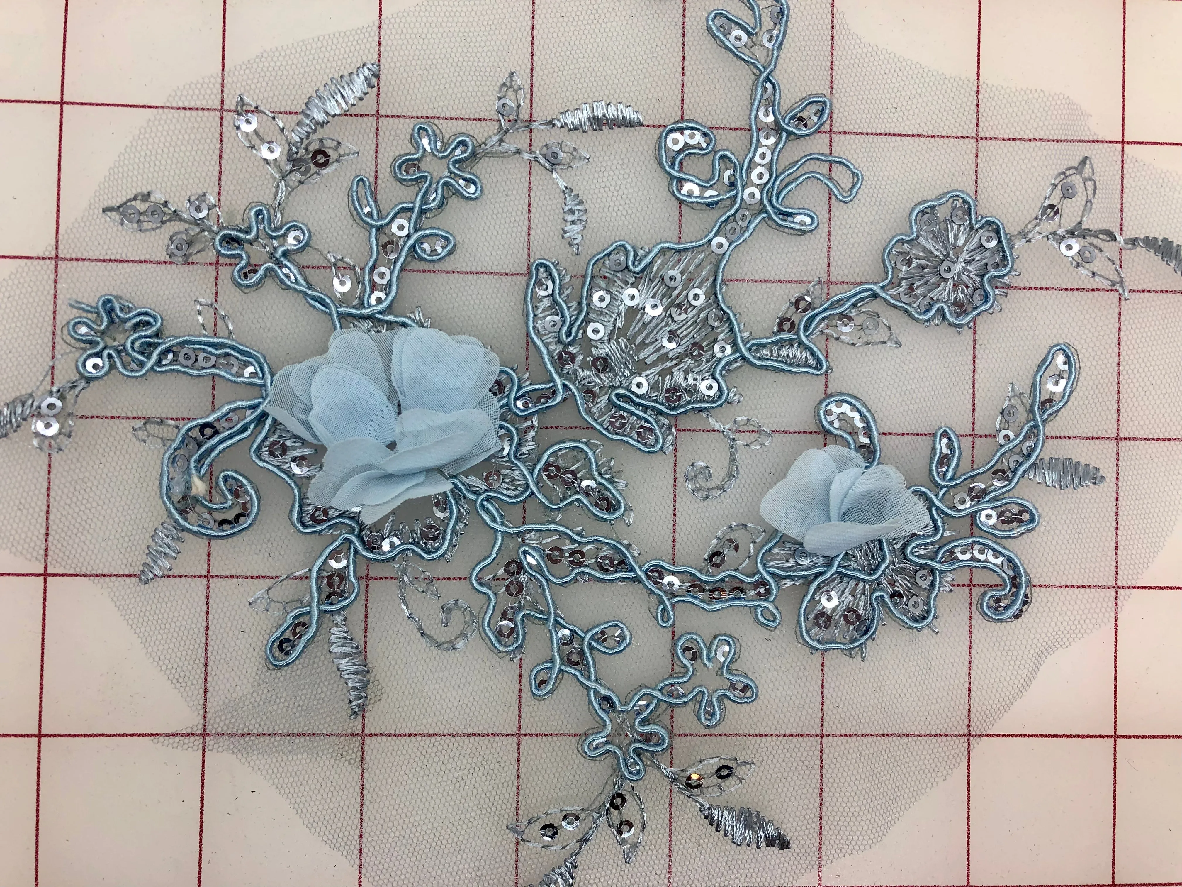 Applique - 3D Sequined Lace Flower Motif Light Blue