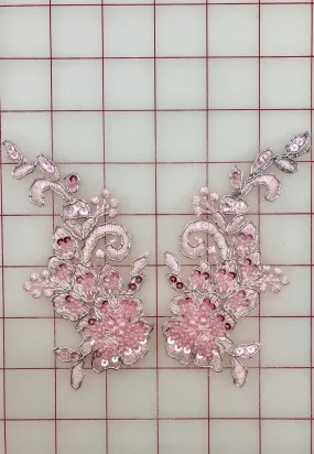 Applique - Beaded and Sequined Pink and Silver-Corded Flower Pairs