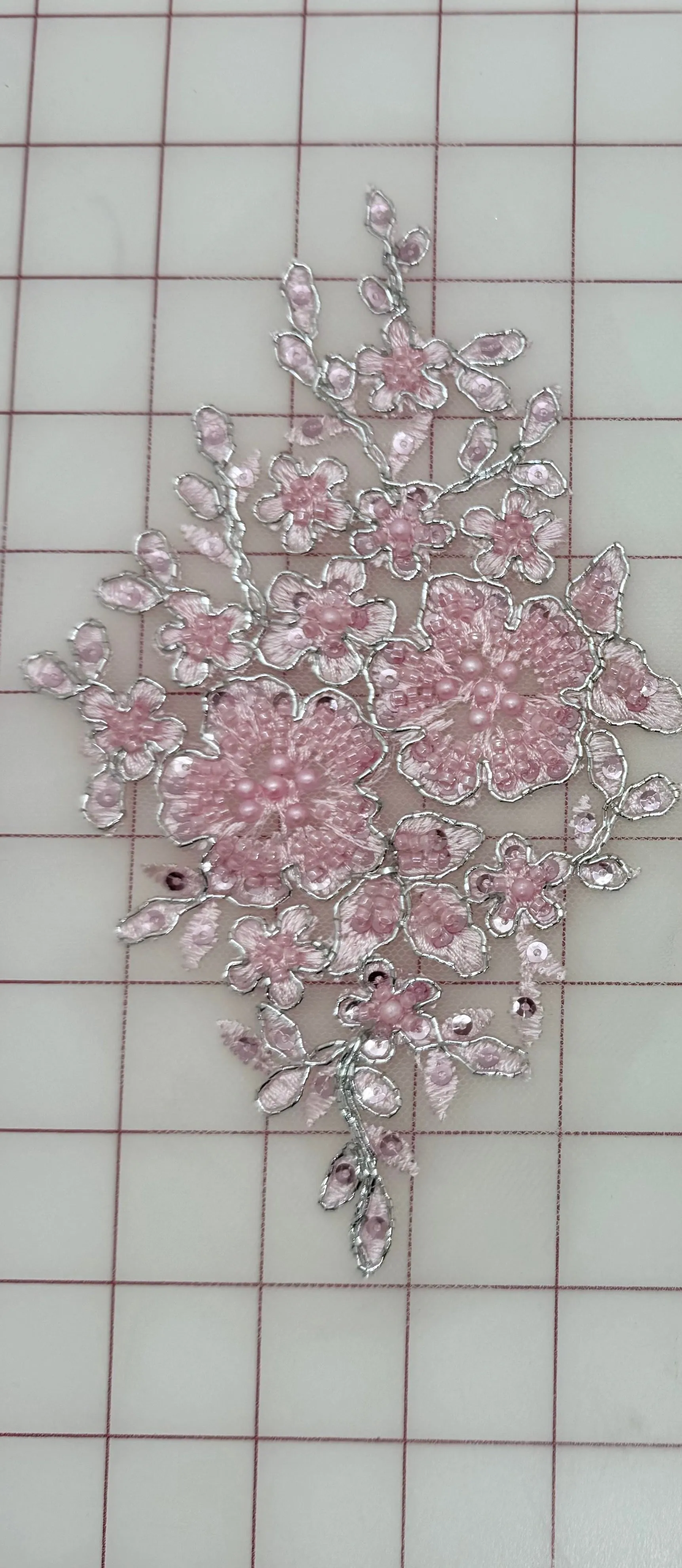 Applique - Metallic Silver-Corded Beaded Embroidered Light Pink