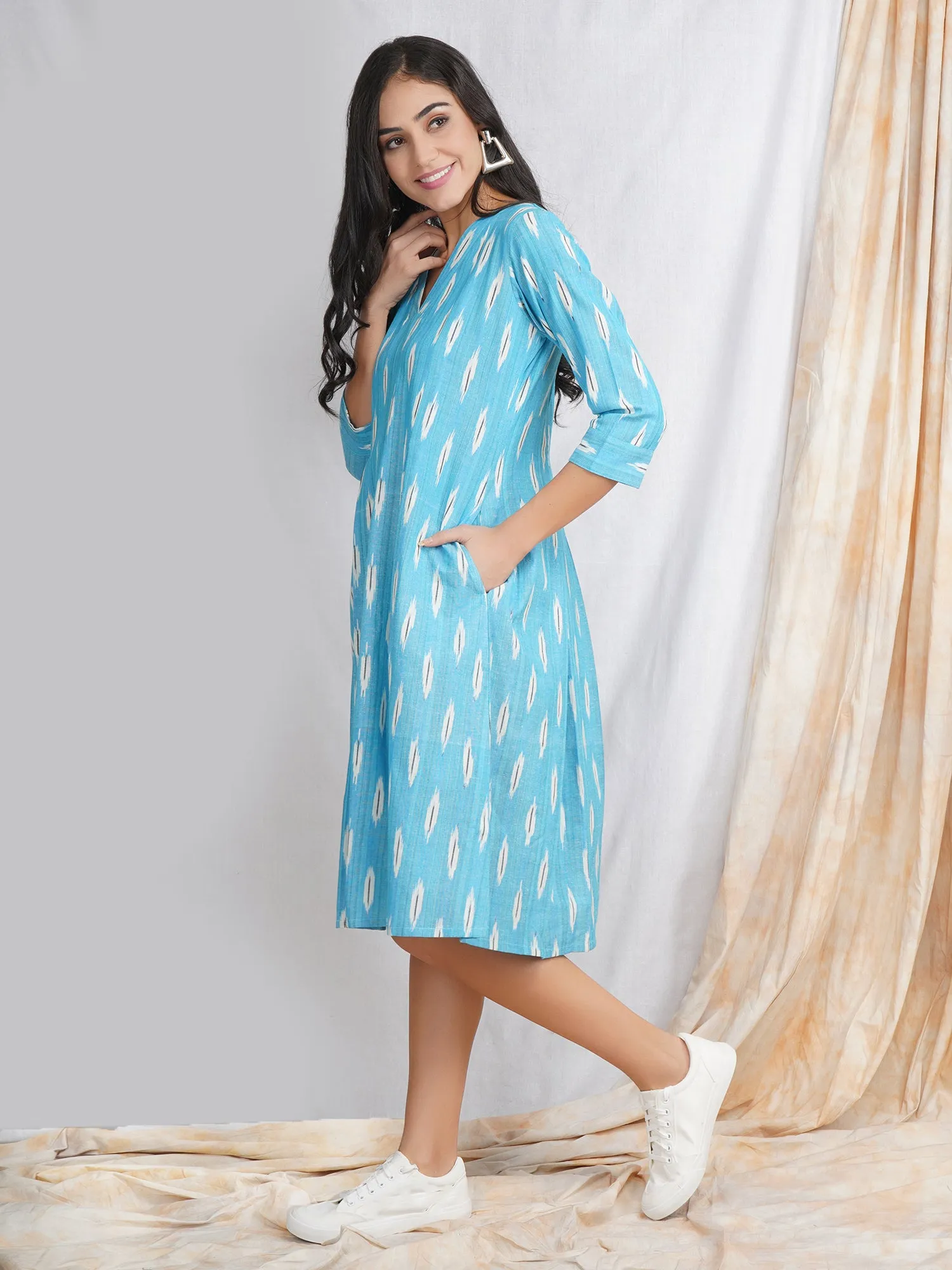 Aqua Blue Ikat Cotton Midi Dress