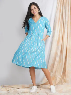 Aqua Blue Ikat Cotton Midi Dress