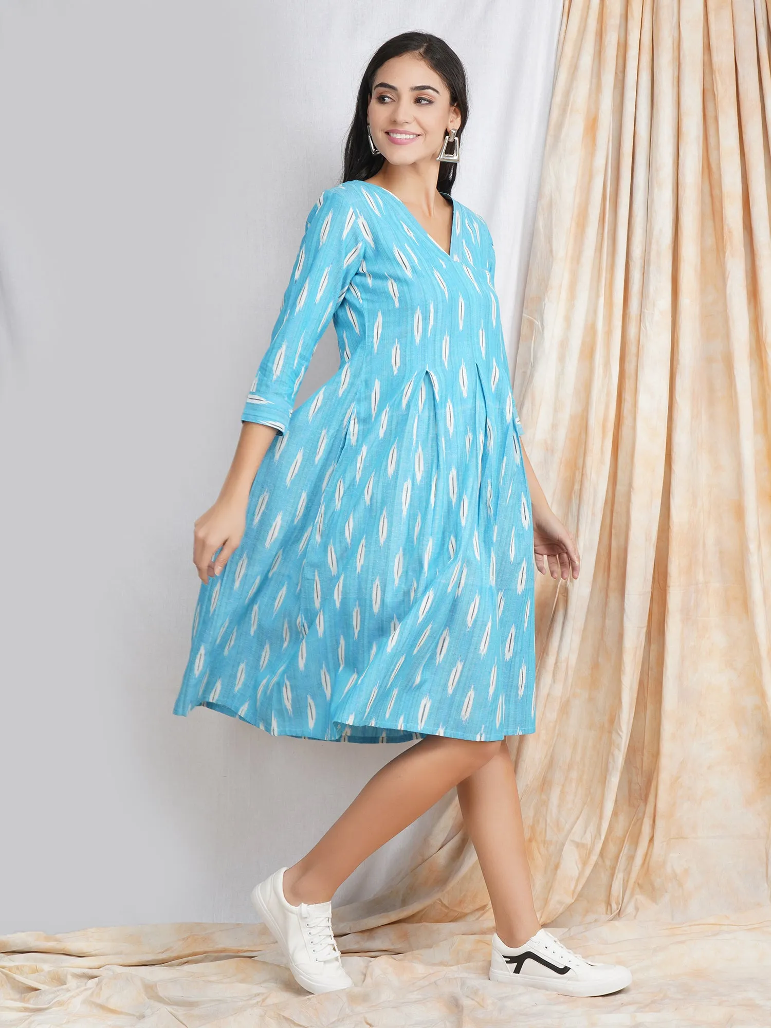 Aqua Blue Ikat Cotton Midi Dress