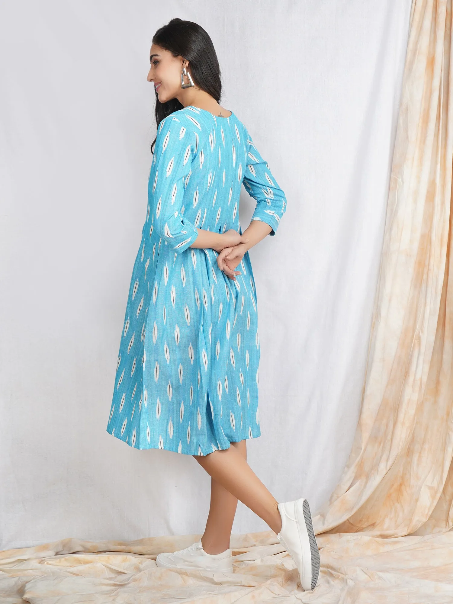 Aqua Blue Ikat Cotton Midi Dress