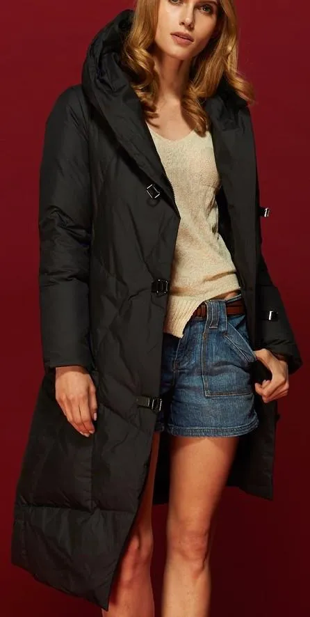 Asymmetric Buckled Hooded Puffer Down Coat in Black