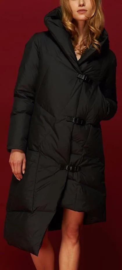 Asymmetric Buckled Hooded Puffer Down Coat in Black