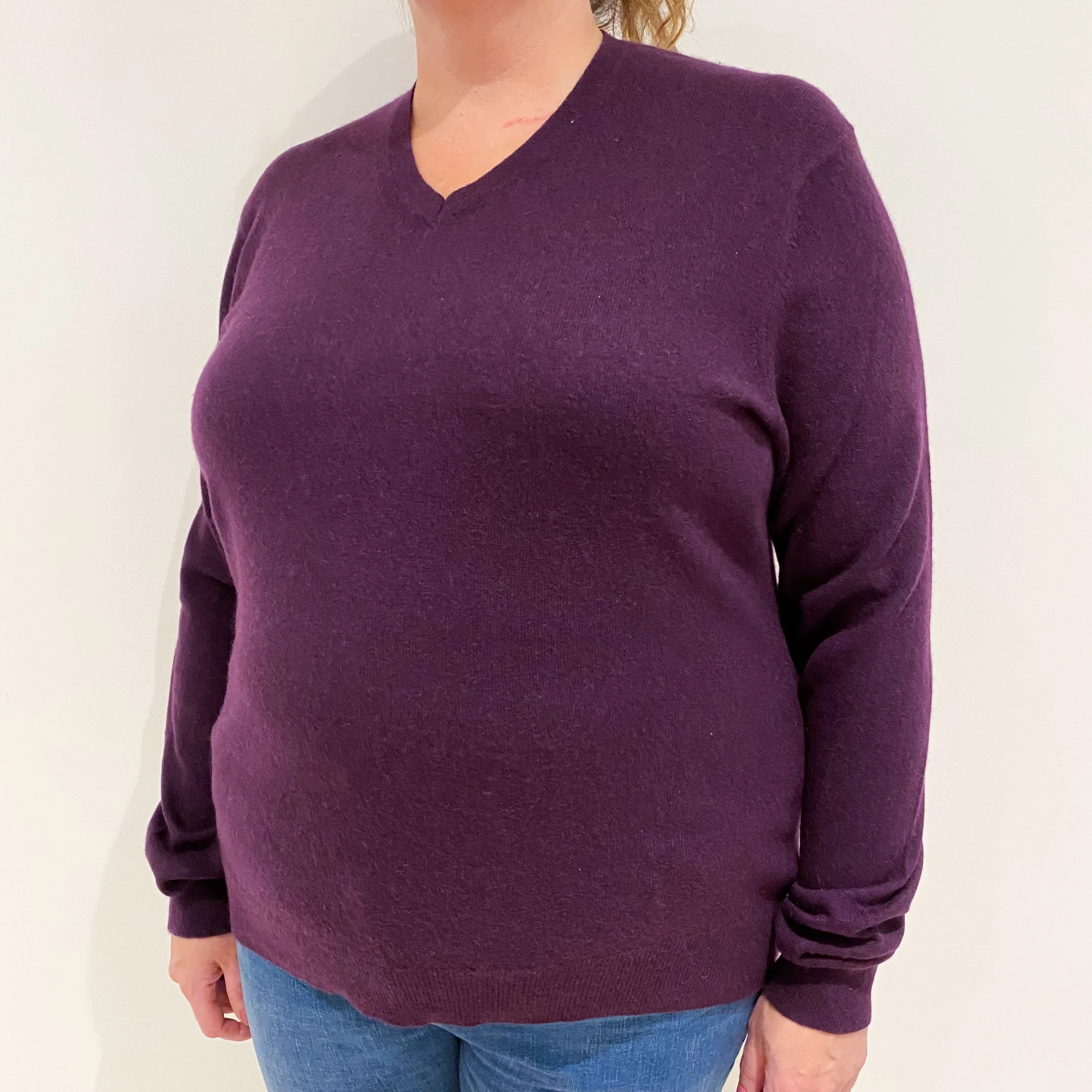 Aubergine Blue Cashmere V-Neck Jumper Extra Large