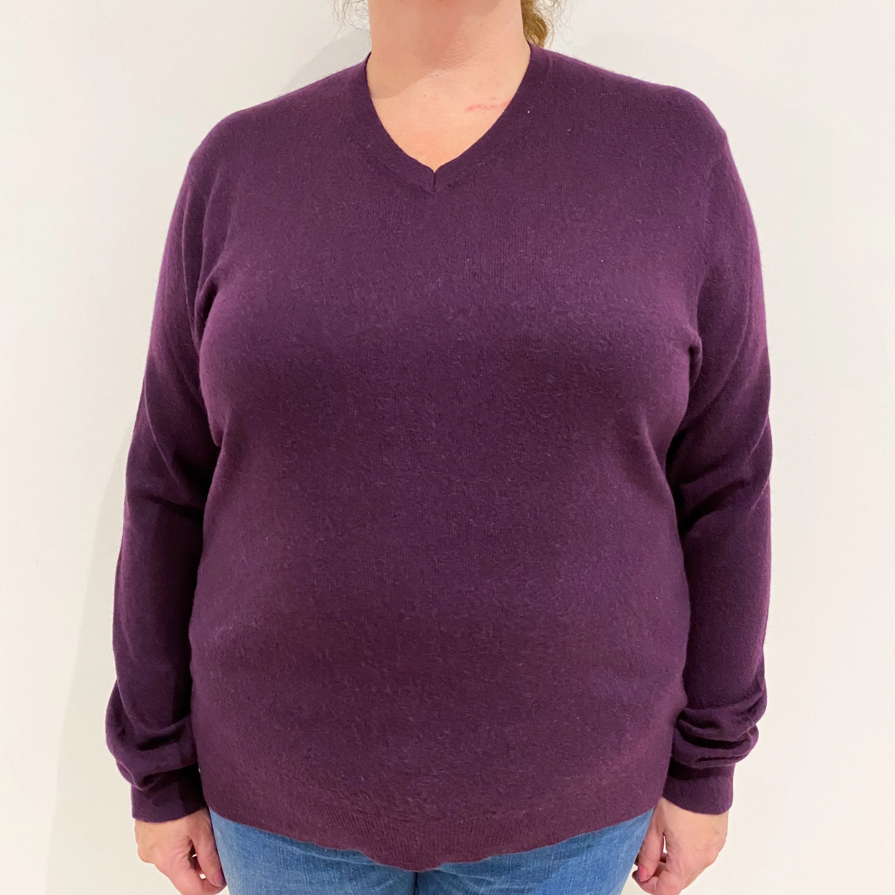 Aubergine Blue Cashmere V-Neck Jumper Extra Large