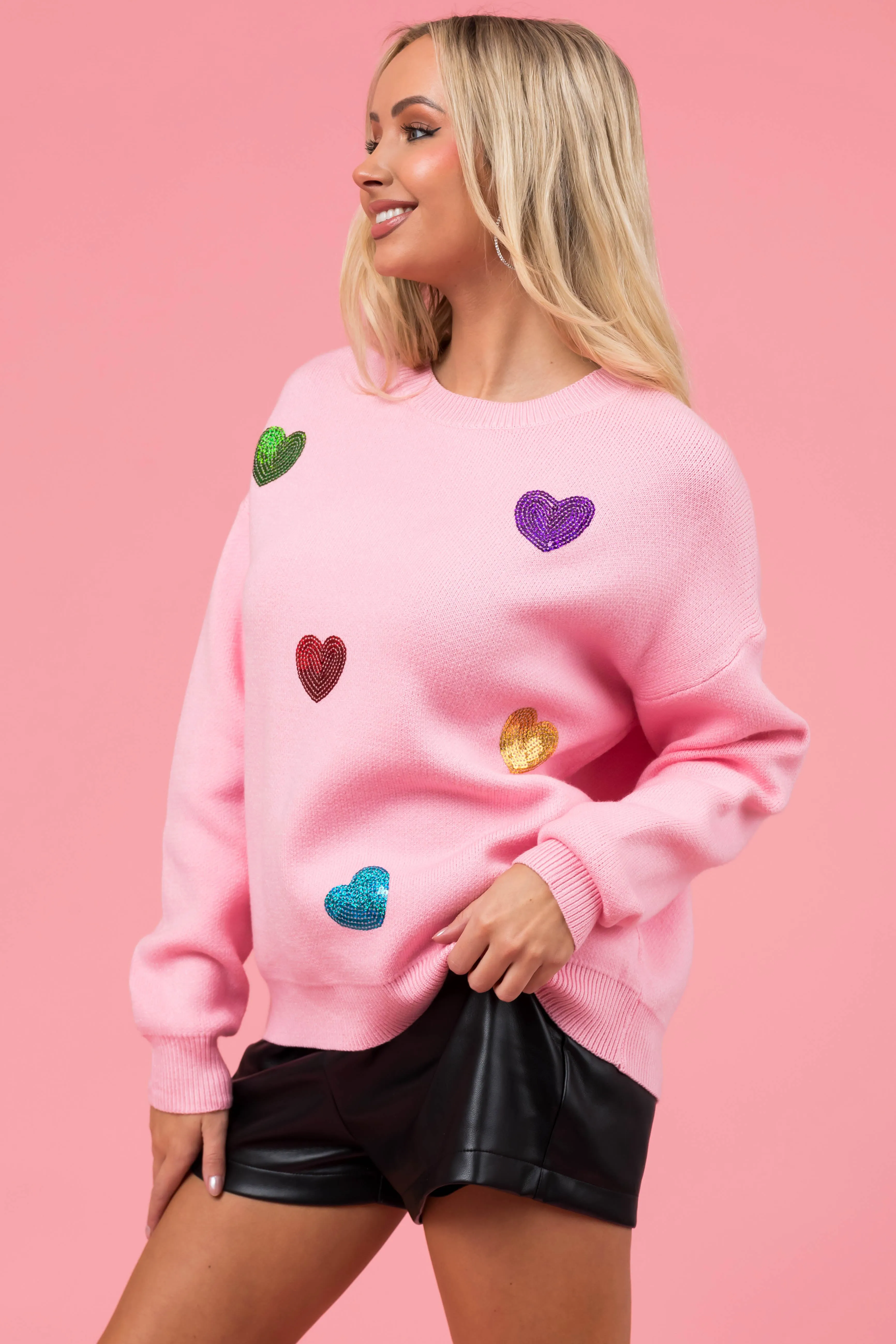 Baby Pink Sequined Hearts Long Sleeve Sweater