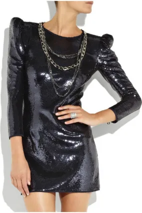 Balmain - Dark Blue Long Sleeve Sequin Dress - FR 38