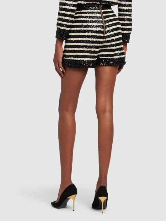 Balmain   Striped sequined high rise mini shorts 