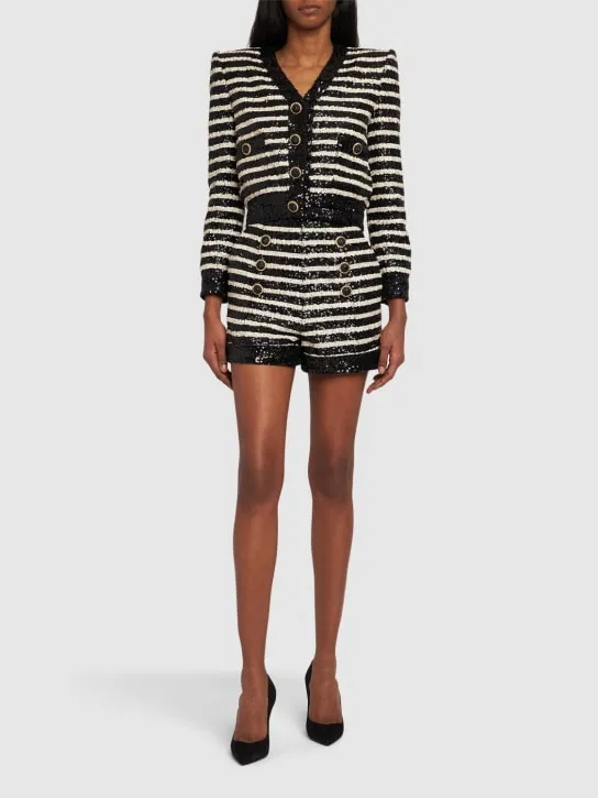 Balmain   Striped sequined high rise mini shorts 