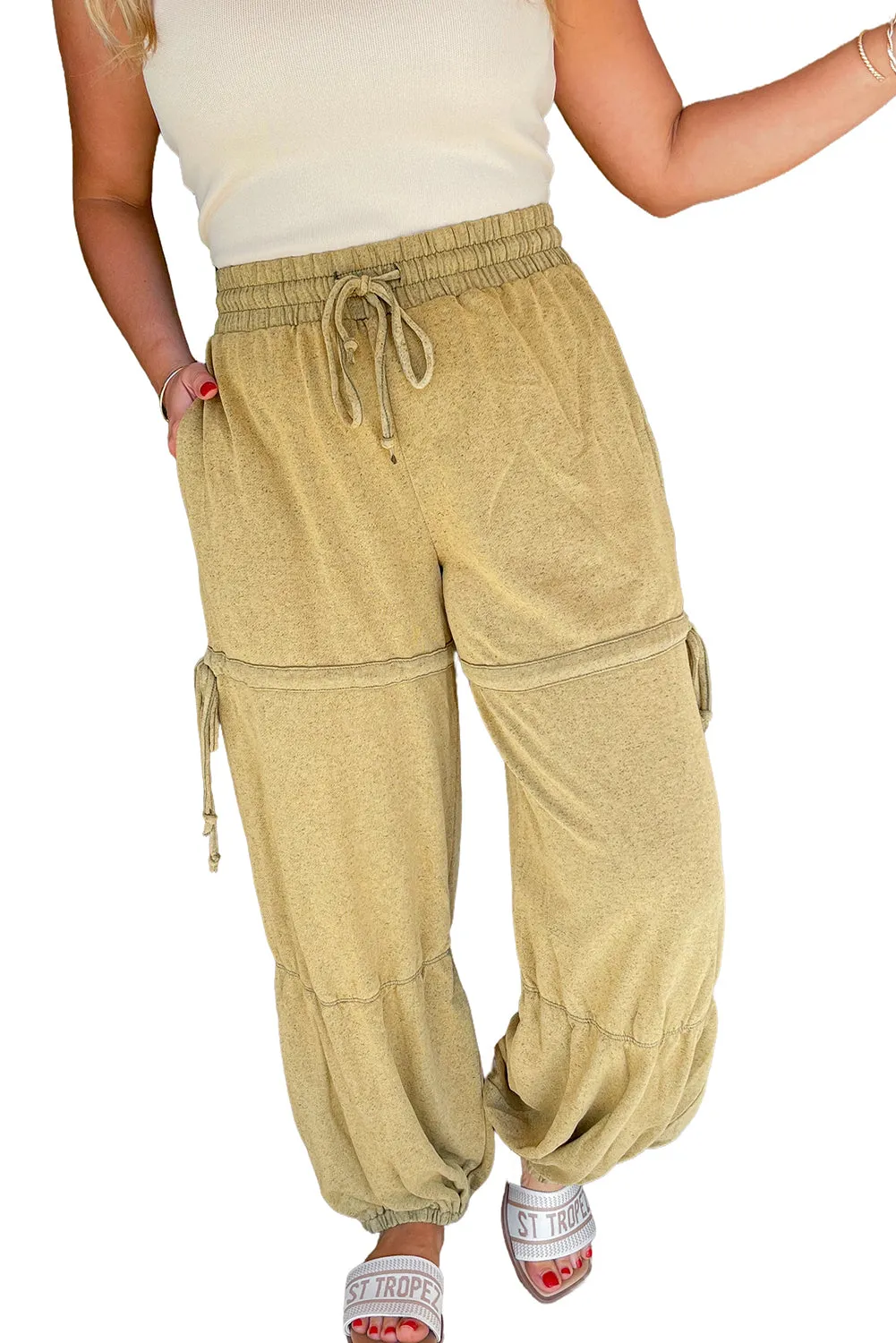 Beige Drawstring High Waist Plus Size Pants