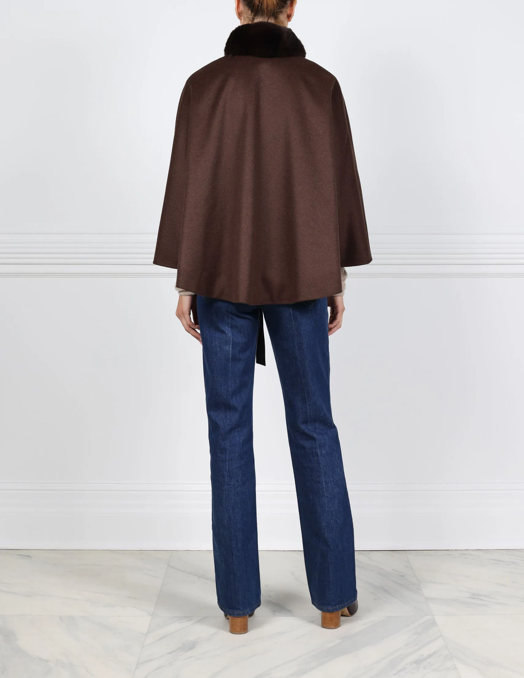 Belted Cashmere Cape with Chinchilla Trim in Chocolate