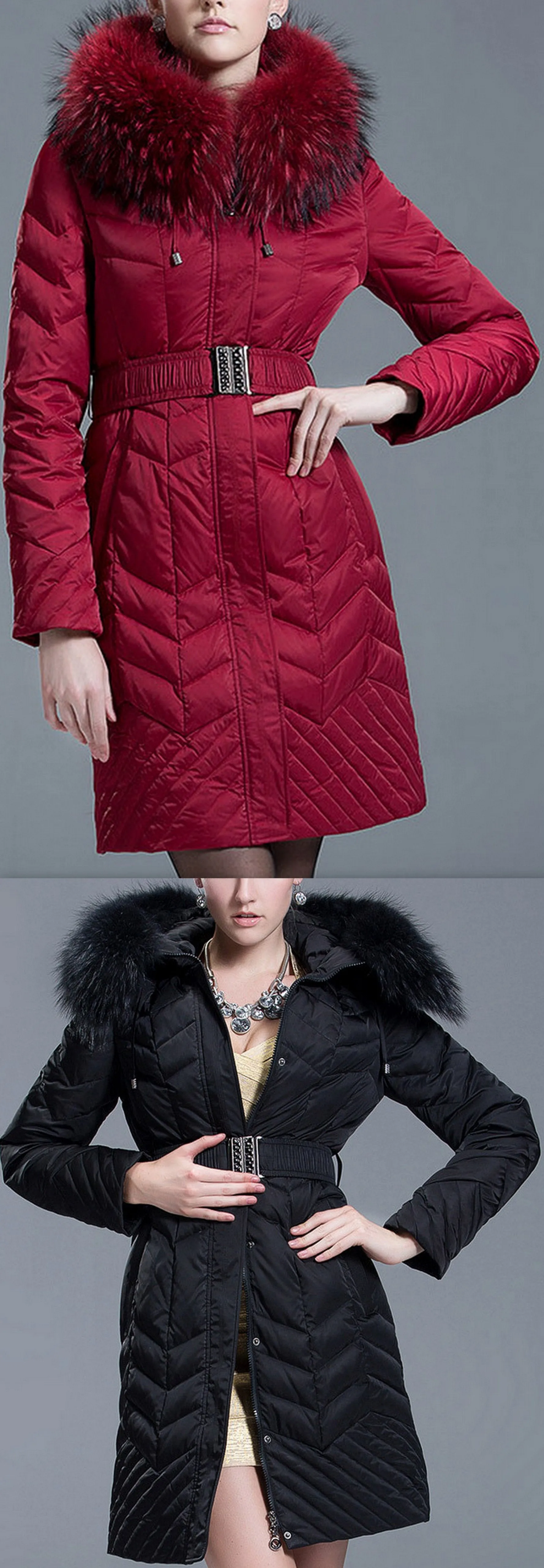 Belted Down-Fill Fur-Hooded Coat - Red or Black