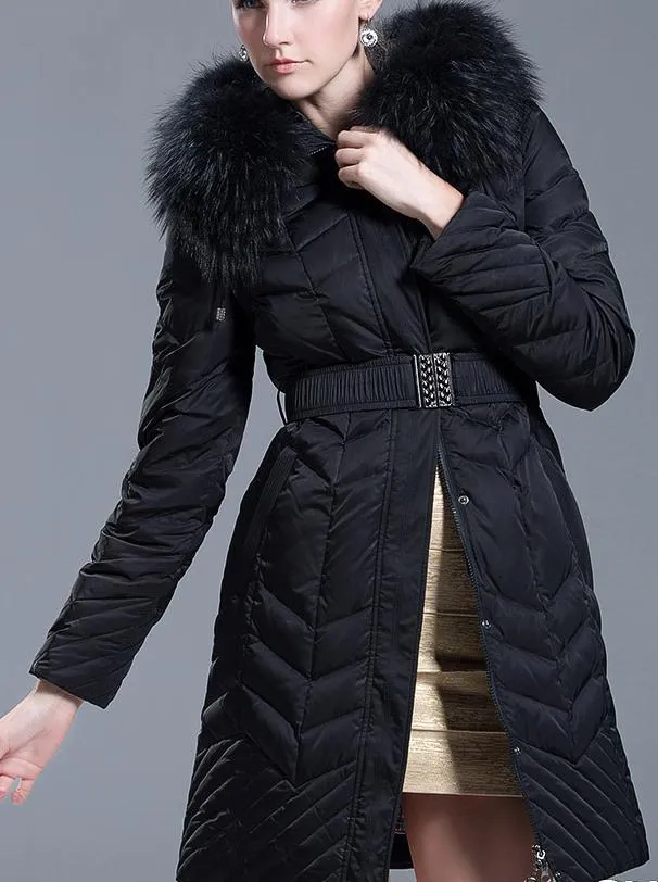 Belted Down-Fill Fur-Hooded Coat - Red or Black