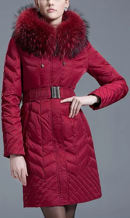 Belted Down-Fill Fur-Hooded Coat - Red or Black