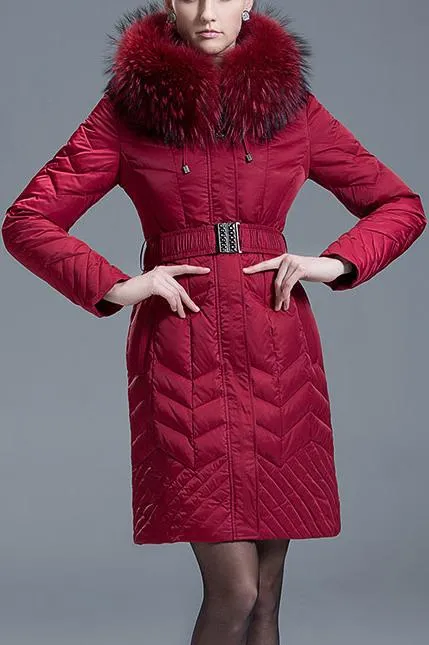 Belted Down-Fill Fur-Hooded Coat - Red or Black