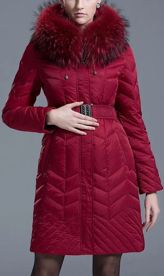 Belted Down-Fill Fur-Hooded Coat - Red or Black