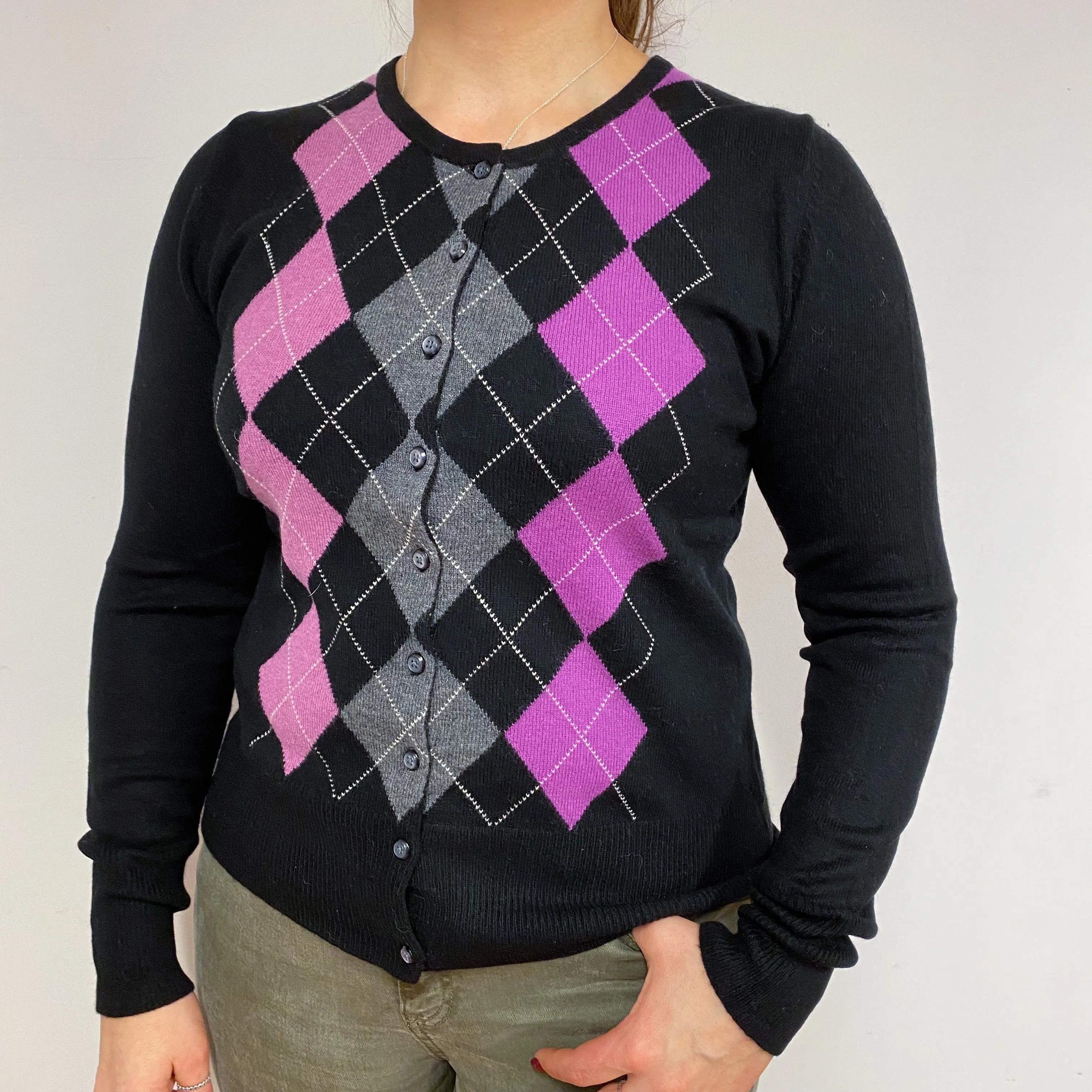 Black & Magenta Diamond Crew Neck Cardigan Large