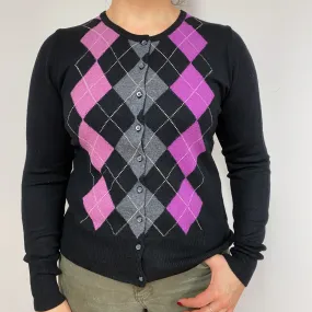 Black & Magenta Diamond Crew Neck Cardigan Large