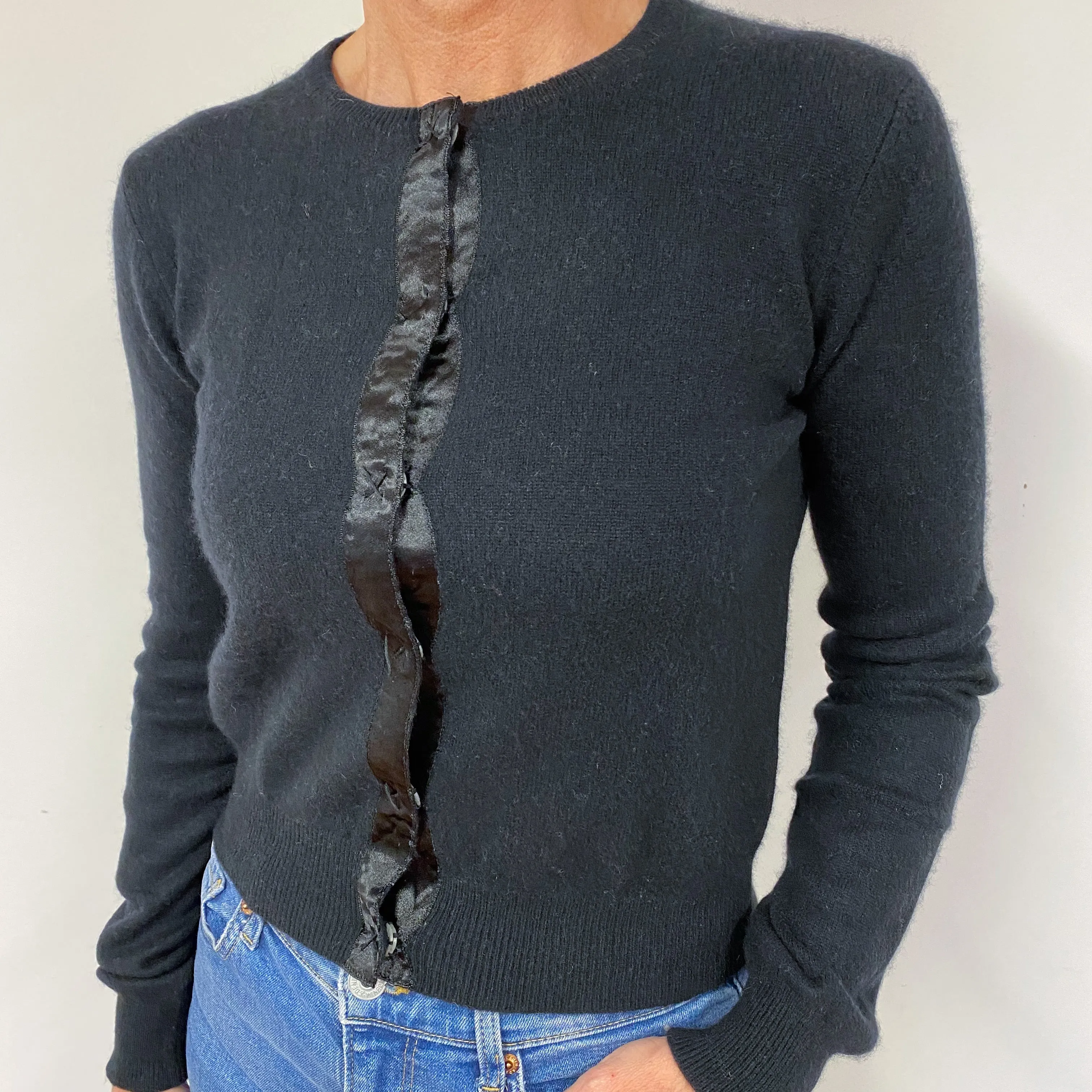 Black Cropped Cashmere Crew Neck Cardigan Medium