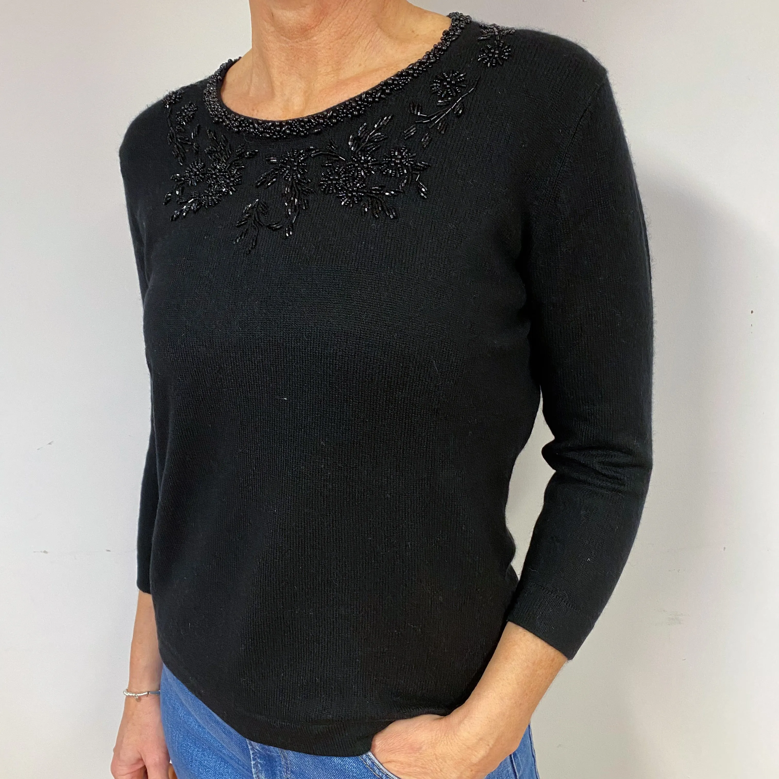 Black Embellished Cashmere Crew Neck Jumper Medium