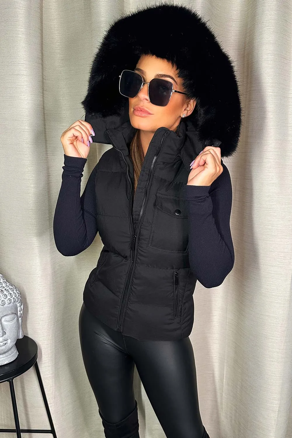 Black Gilet With Faux Fur Hood