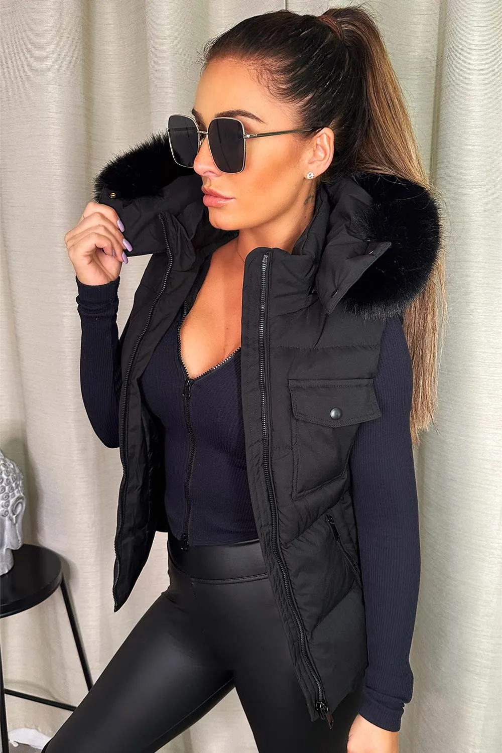 Black Gilet With Faux Fur Hood