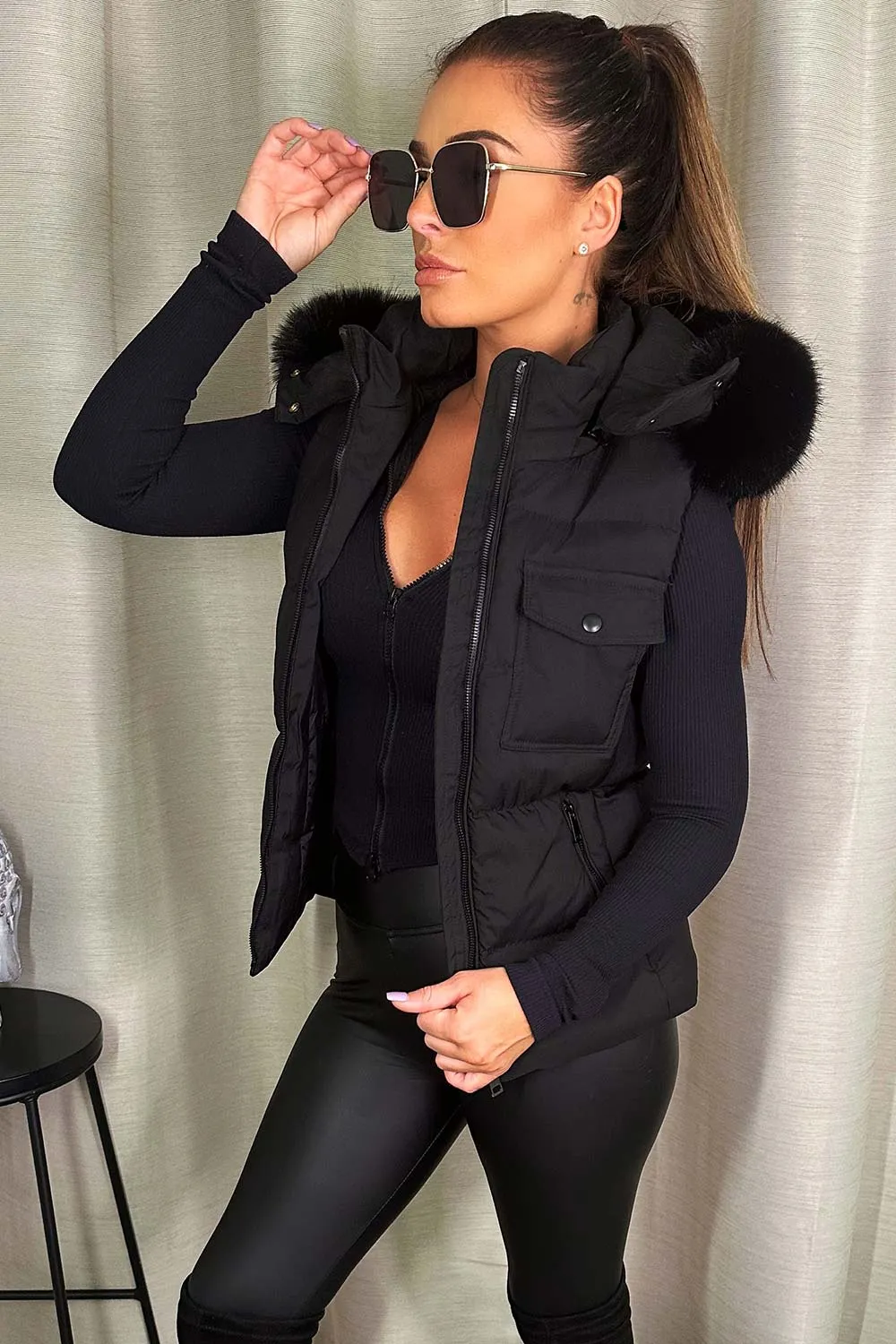 Black Gilet With Faux Fur Hood