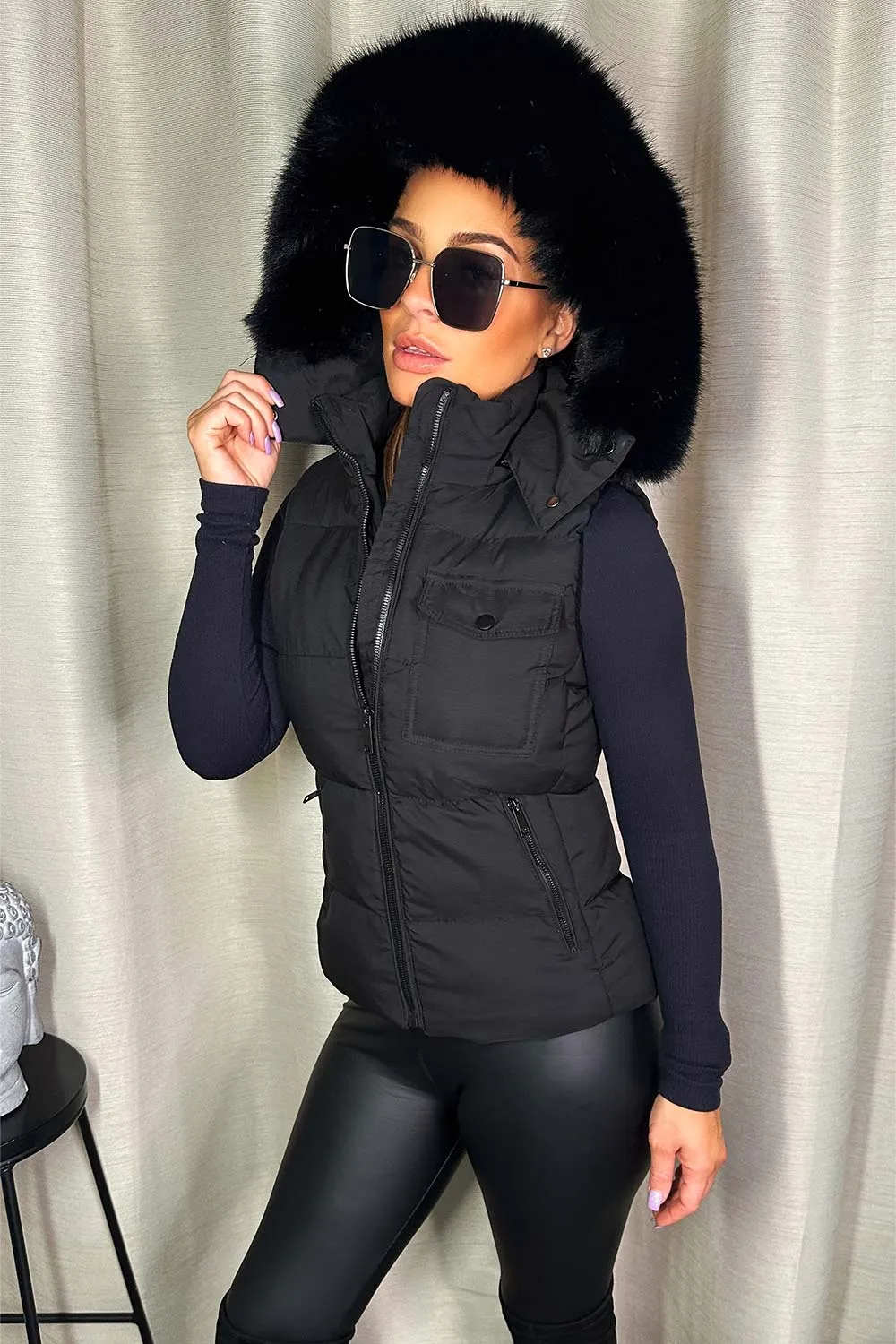 Black Gilet With Faux Fur Hood