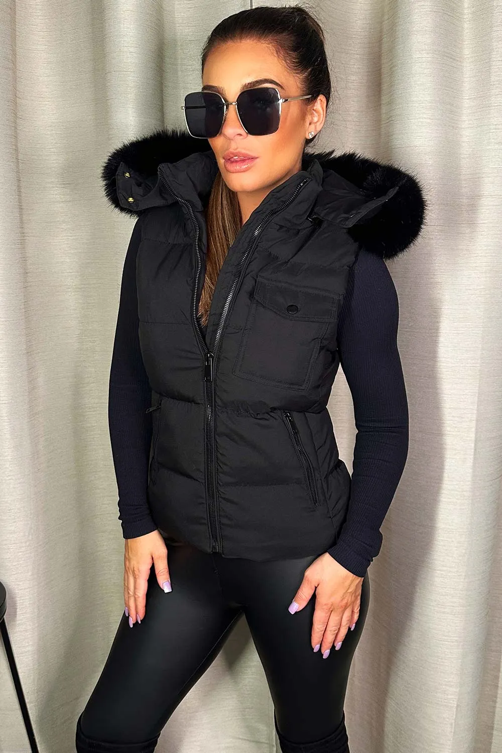 Black Gilet With Faux Fur Hood